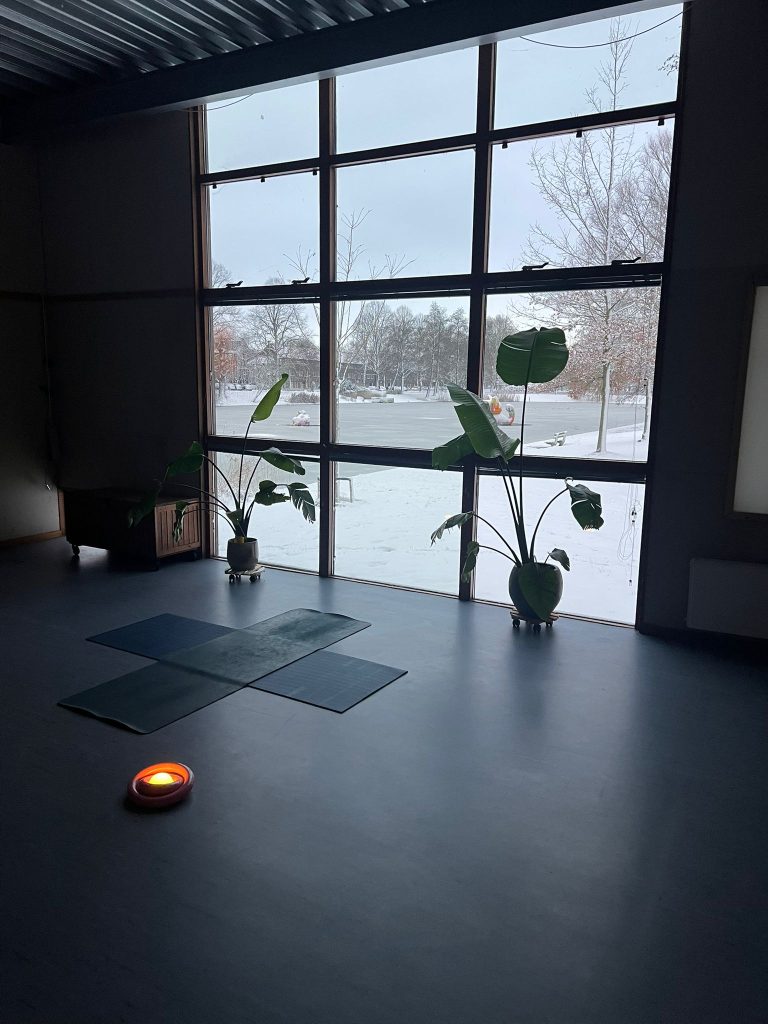 Yogastudio met uitzicht op een besneeuwd park